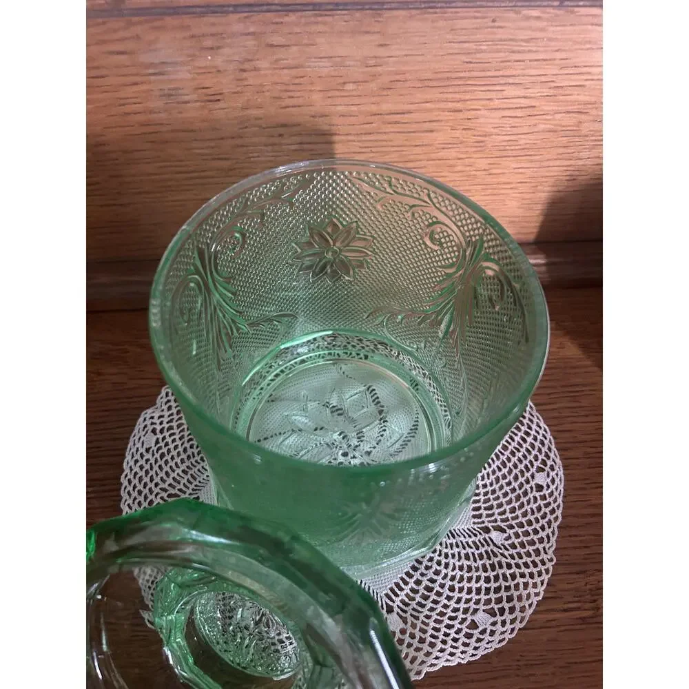 Vintage Tiara Exclusives Chantilly Green Sandwich Glass Canister with Lid
